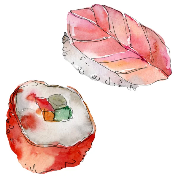 Acuarela sushi conjunto de hermosa sabrosa comida japonesa ilustración. Objetos dibujados a mano aislados sobre fondo blanco . —  Fotos de Stock