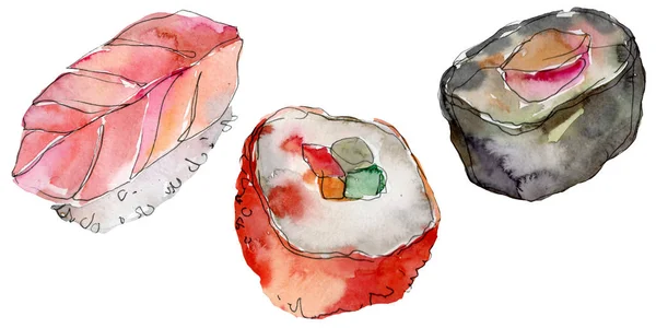 Acuarela sushi conjunto de hermosa sabrosa comida japonesa ilustración. Objetos dibujados a mano aislados sobre fondo blanco . —  Fotos de Stock
