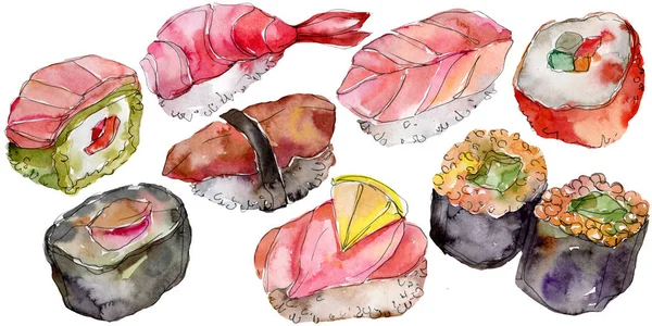 Ensemble de sushis aquarelle de belle illustration de nourriture japonaise savoureuse. Objets dessinés à la main isolés sur fond blanc . — Photo