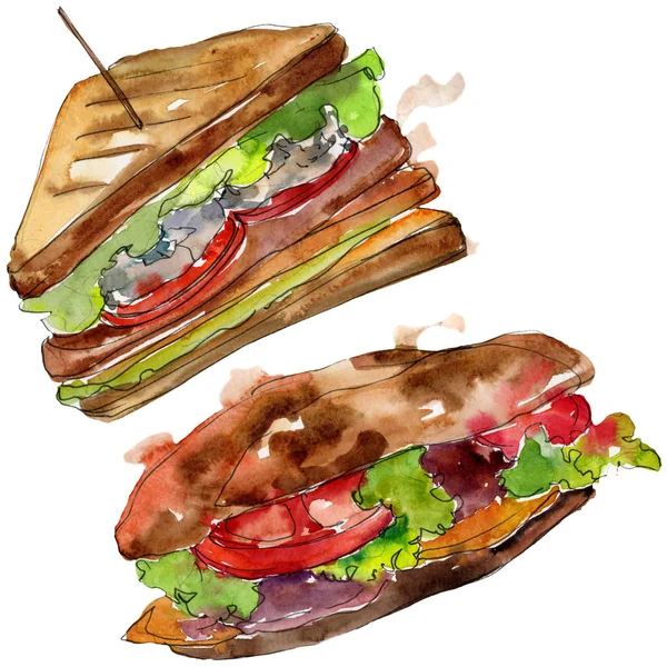 Sandwich en un conjunto aislado estilo acuarela. Acuarela elemento de ilustración de comida rápida sobre fondo blanco . — Foto de Stock