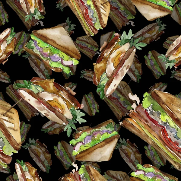 Sandwich in stile acquerello. Elemento illustrativo di fast food ad acquerello. Modello di sfondo senza soluzione di continuità . — Foto Stock
