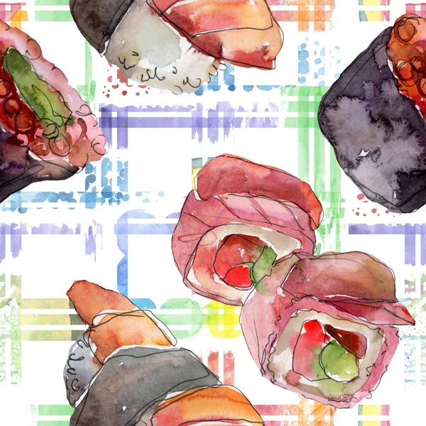 Watercolor sushi set of beautiful tasty japanese food illustration. Seamless background pattern. — Stock Photo, Image