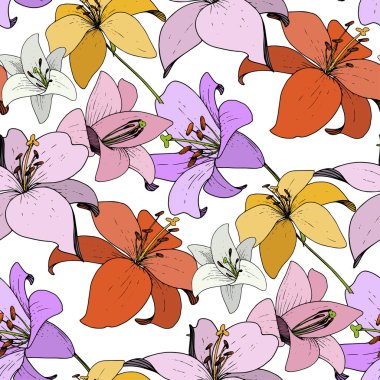 Vektör Lily Floral botanik çiçek. Siyah ve beyaz mürekkep sanat kazınmış. Sorunsuz arka plan deseni.