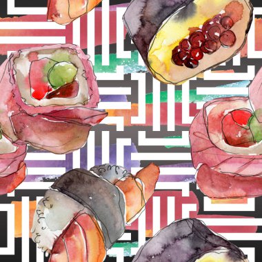 Güzel lezzetli Japon yemekleri illüstrasyon suluboya suşi kümesi. Sorunsuz arka plan deseni.