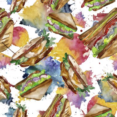 Bir suluboya tarzında sandviç. Suluboya lokanta illüstrasyon öğesi. Sorunsuz arka plan deseni.