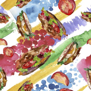 Bir suluboya tarzında sandviç. Suluboya lokanta illüstrasyon öğesi. Sorunsuz arka plan deseni.