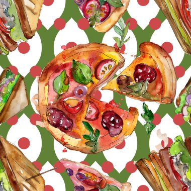 Bir suluboya tarzında sandviç. Suluboya lokanta illüstrasyon öğesi. Sorunsuz arka plan deseni.