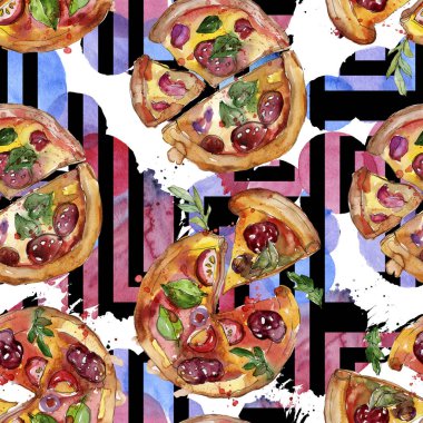 Fast food itallian pizza izole bir suluboya tarzında ayarlayın. Suluboya sorunsuz arka plan deseni.