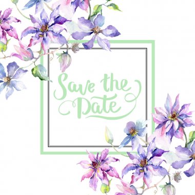 Mavi menekşe akasma buket botanik çiçek. Suluboya arka plan illüstrasyon küme. Çerçeve kenarlığı süsleme Meydanı.