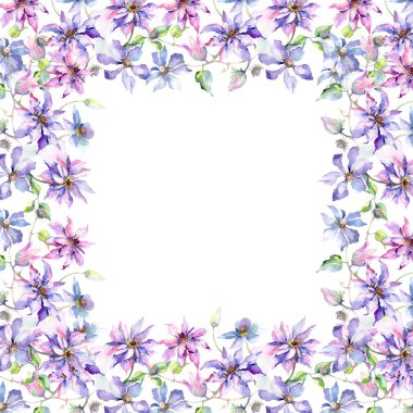 Mavi menekşe akasma buket botanik çiçek. Suluboya arka plan illüstrasyon küme. Çerçeve kenarlığı süsleme Meydanı.