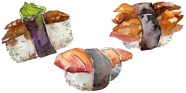 Acuarela sushi conjunto de hermosa sabrosa comida japonesa ilustración. Objetos dibujados a mano aislados sobre fondo blanco . — Foto de Stock