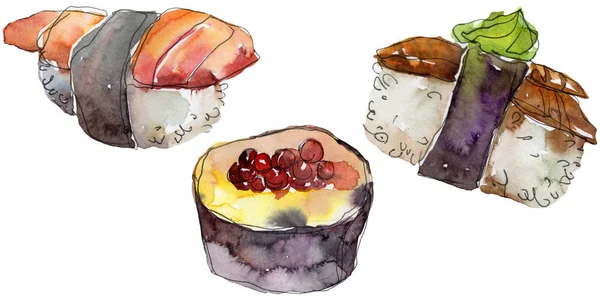Vesiväri sushi joukko kauniita maukkaita japanilainen ruoka kuva. Käsin piirretyt esineet valkoisella pohjalla . — kuvapankkivalokuva