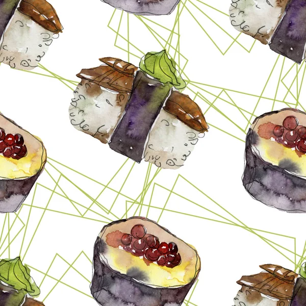 Acuarela sushi conjunto de hermosa sabrosa comida japonesa ilustración. Patrón de fondo sin costuras . —  Fotos de Stock