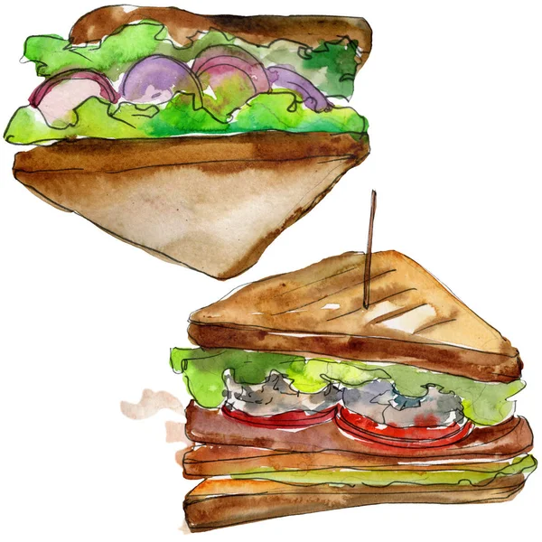 수채화 스타일 절연에 샌드위치를 설정 합니다. 흰색 바탕에 수채화 패스트 푸드 그림 요소. — 스톡 사진