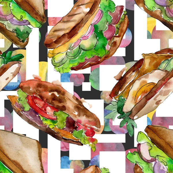 Sandwich in stile acquerello. Elemento illustrativo di fast food ad acquerello. Modello di sfondo senza soluzione di continuità . — Foto Stock