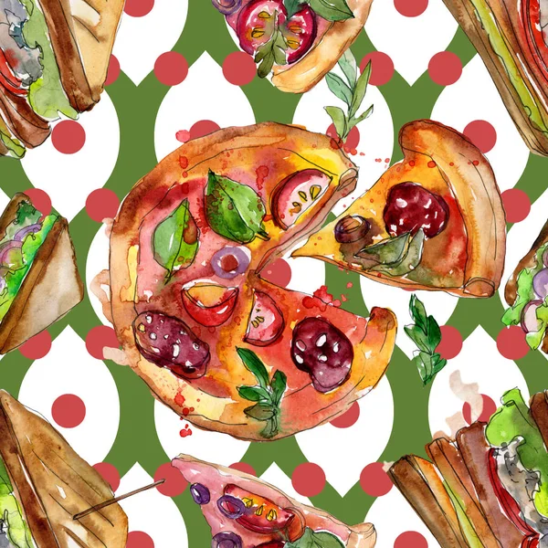 Bir suluboya tarzında sandviç. Suluboya lokanta illüstrasyon öğesi. Sorunsuz arka plan deseni.