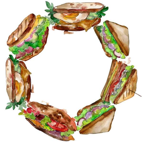 Sandwich in stile acquerello. Elemento illustrativo di fast food ad acquerello. Quadrato ornamento bordo cornice . — Foto Stock