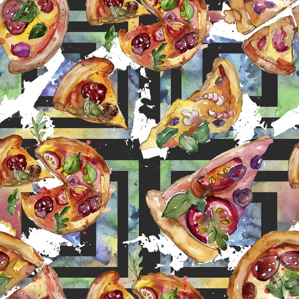 Fast food pizza italiana in un set isolato in stile acquerello. Acquerello senza soluzione di continuità modello di sfondo . — Foto Stock