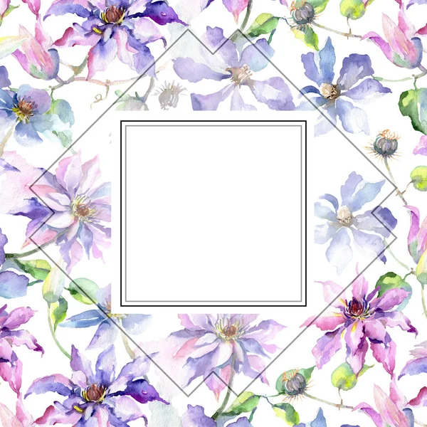 Azul violeta clematis ramo de flores botánicas. Conjunto de ilustración de fondo acuarela. Marco borde ornamento cuadrado . —  Fotos de Stock