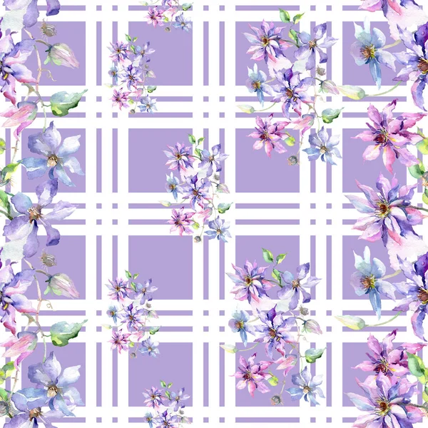 Azul violeta clematis ramo de flores botánicas florales. Juego de ilustración en acuarela. Patrón de fondo sin costuras . — Foto de Stock