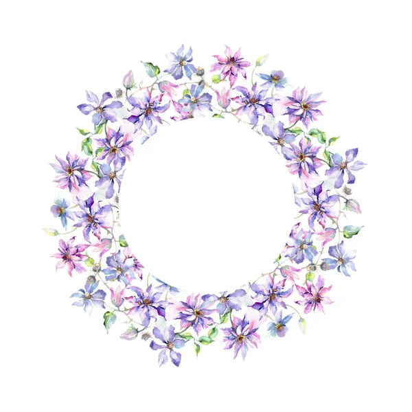 蓝色紫罗兰色铁线花束植物花。水彩背景插图集。框架边框装饰正方形. — 图库照片