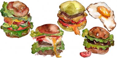 Hamburger izole bir suluboya tarzında. Beyaz zemin üzerine suluboya lokanta illüstrasyon öğesi.