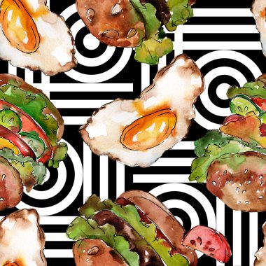 Hamburger suluboya tarzında. Suluboya lokanta illüstrasyon öğesi. Sorunsuz arka plan deseni.