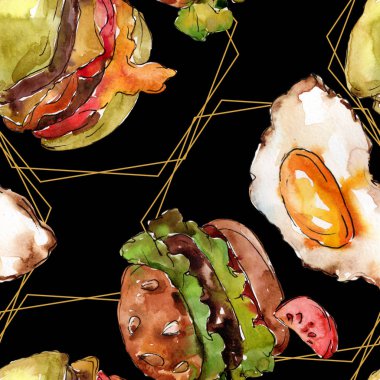 Hamburger suluboya tarzında. Suluboya lokanta illüstrasyon öğesi. Sorunsuz arka plan deseni.