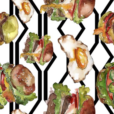 Hamburger suluboya tarzında. Suluboya lokanta illüstrasyon öğesi. Sorunsuz arka plan deseni.