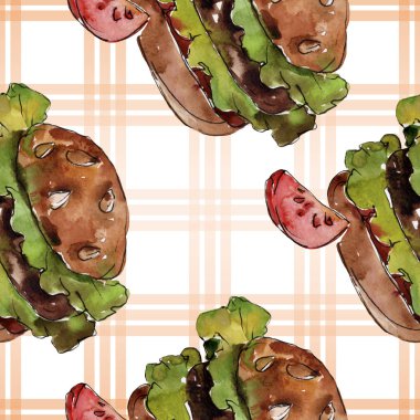 Hamburger suluboya tarzında. Suluboya lokanta illüstrasyon öğesi. Sorunsuz arka plan deseni.