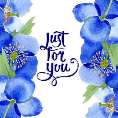 Mavi Haşhaş çiçek botanik çiçekler. Suluboya arka plan illüstrasyon küme. Çerçeve kenarlığı süsleme Meydanı.