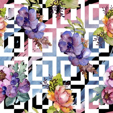 Mavi mor buket çiçek botanik çiçekler. Suluboya arka plan illüstrasyon küme. Sorunsuz arka plan deseni.