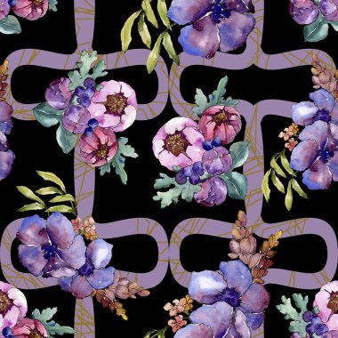 Mavi mor buket çiçek botanik çiçekler. Suluboya arka plan illüstrasyon küme. Sorunsuz arka plan deseni.