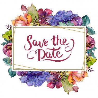 Mavi mor buket çiçek botanik çiçekler. Suluboya arka plan illüstrasyon küme. Çerçeve kenarlığı süsleme Meydanı.