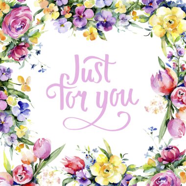 Buketler çiçek botanik çiçekler. Suluboya arka plan illüstrasyon küme. Çerçeve kenarlığı süsleme Meydanı.