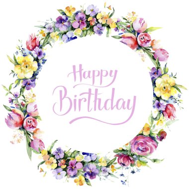 Buketler çiçek botanik çiçekler. Suluboya arka plan illüstrasyon küme. Çerçeve kenarlığı süsleme Meydanı.