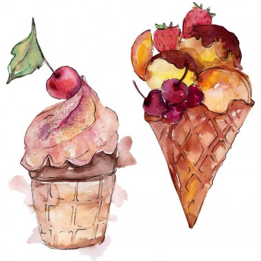 Sulu Boya stilinde lezzetli dondurma. Aquarelle şekerli tatlı şekilde ayarlayın. İzole tatlılar arka plan öğesi.