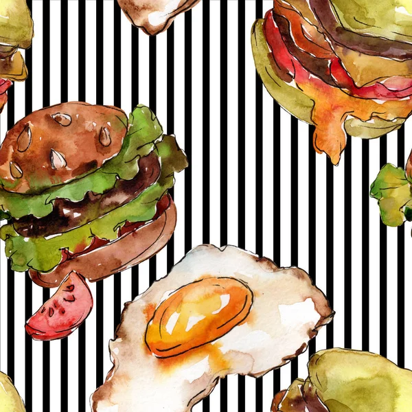 Hamburguesa en un estilo acuarela. Acuarela elemento ilustrativo de comida rápida. Patrón de fondo sin costuras . —  Fotos de Stock