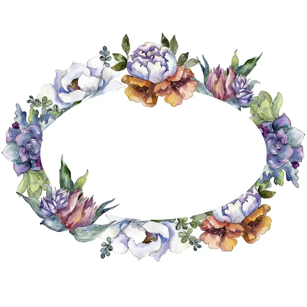 Ramos de flores botánicas florales. Conjunto de ilustración de fondo acuarela. Marco borde ornamento cuadrado . — Foto de Stock