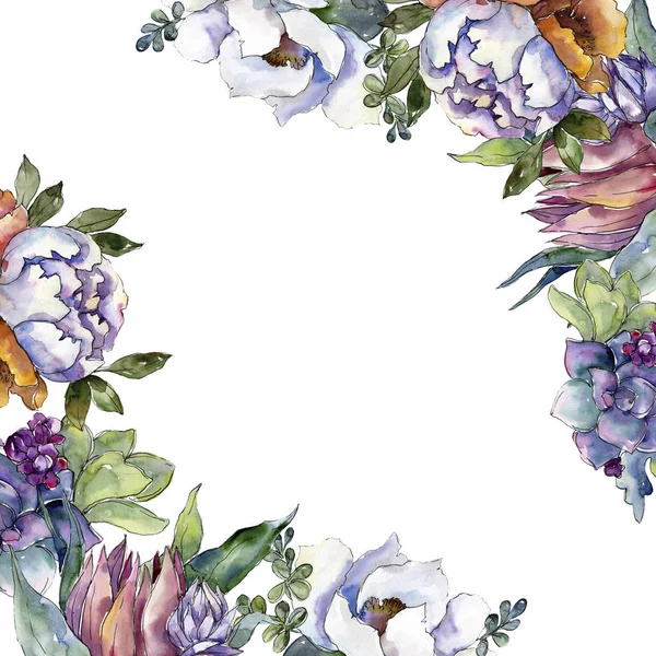 Csokorkészítés virág botanikai virágok. Akvarell háttér illusztráció készlet. Test határ Dísz tér. — Stock Fotó