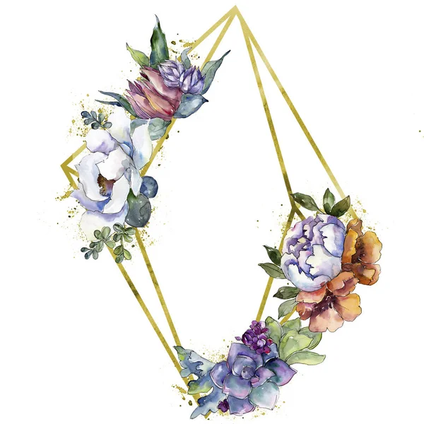 Ramos de flores botánicas florales. Conjunto de ilustración de fondo acuarela. Marco borde ornamento cuadrado . — Foto de Stock