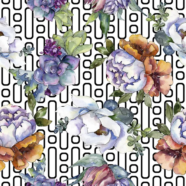 Csokorkészítés virág botanikai virágok. Akvarell háttér illusztráció készlet. Varratmentes háttérben minta. — Stock Fotó