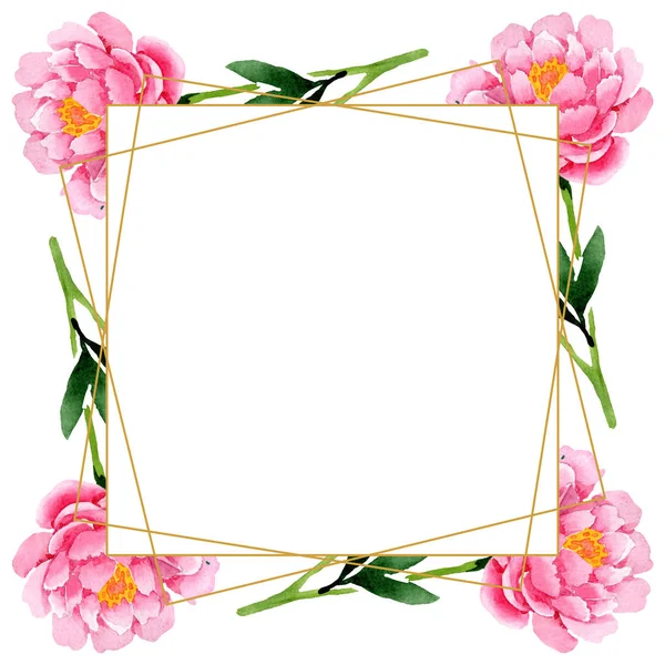 Fiori botanici floreali di peonia rosa. Acquerello sfondo illustrazione set. Quadrato ornamento bordo cornice . — Foto Stock