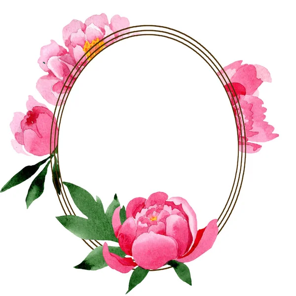 Ροζ floral βοτανικό λουλούδια peony. Ακουαρέλα φόντο εικόνα σύνολο. Πλαίσιο συνόρων στολίδι τετράγωνο. — Φωτογραφία Αρχείου