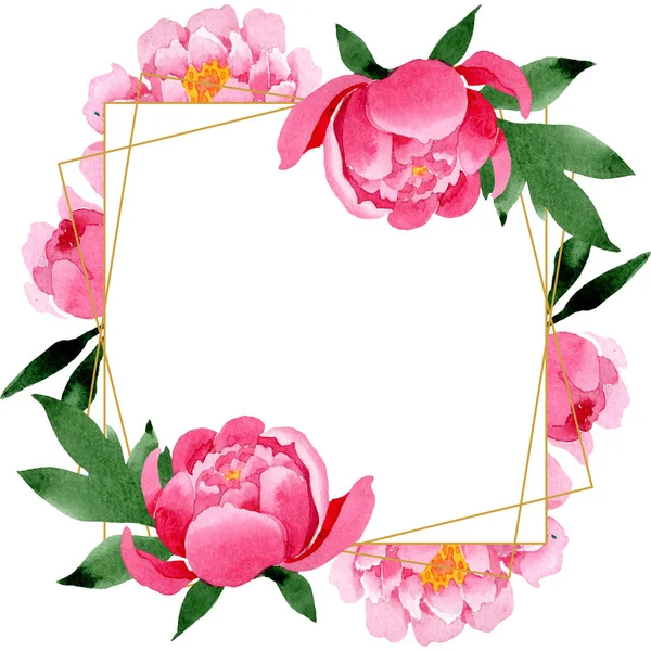 Botanische Blüten der rosa Pfingstrose. Aquarell Hintergrundillustration Set. Rahmen Rand Ornament Quadrat. — Stockfoto