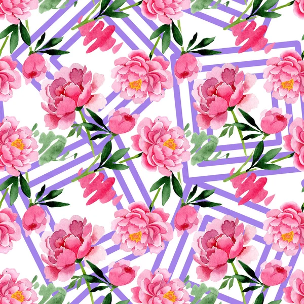 Roze pioen floral botanische bloemen. Aquarel achtergrond afbeelding instellen. Naadloze achtergrondpatroon. — Stockfoto
