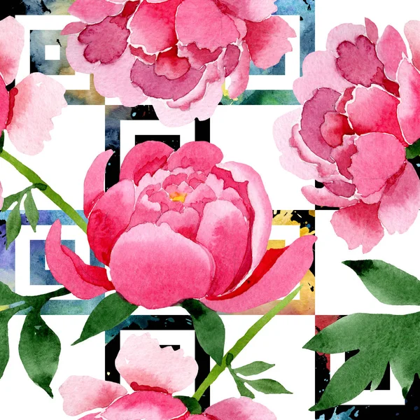 Ροζ floral βοτανικό λουλούδια peony. Ακουαρέλα φόντο εικόνα σύνολο. Απρόσκοπτη υπόβαθρο μοτίβο. — Φωτογραφία Αρχείου