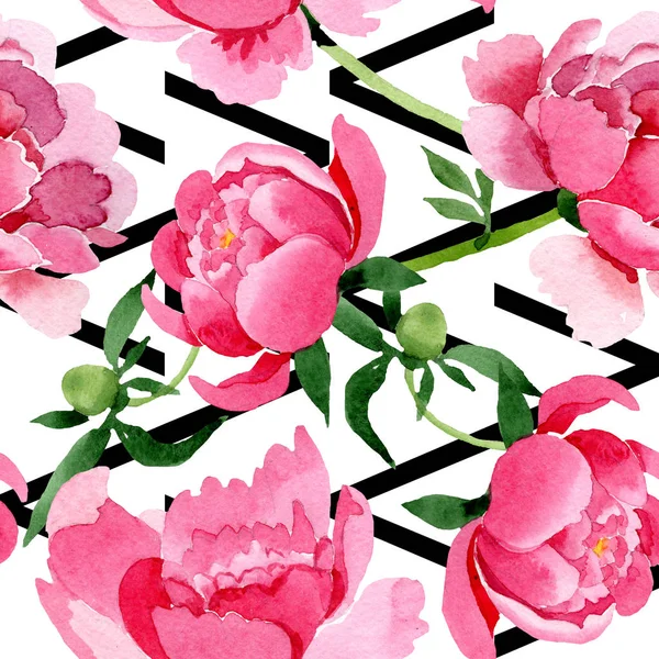 Rosa peônia flores botânicas florais. Conjunto de ilustração de fundo aquarela. Padrão de fundo sem costura . — Fotografia de Stock