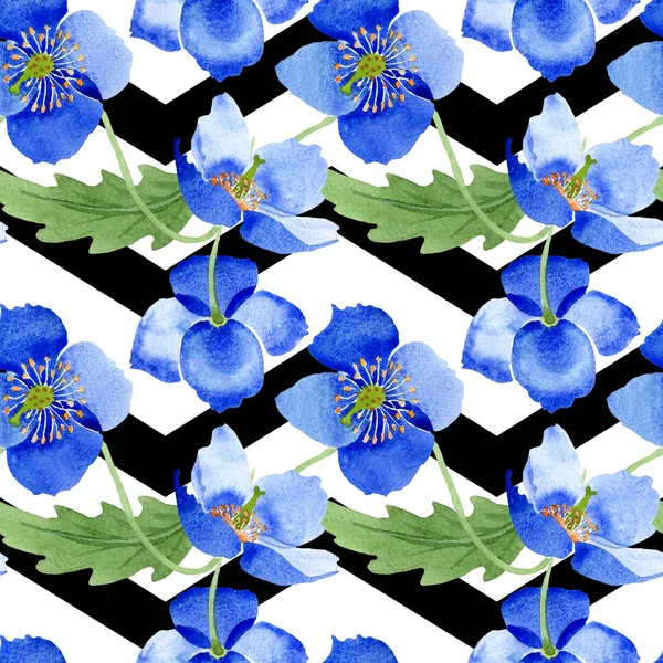 Fiori botanici floreali di papavero blu. Set illustrazione acquerello. Modello di sfondo senza soluzione di continuità . — Foto Stock