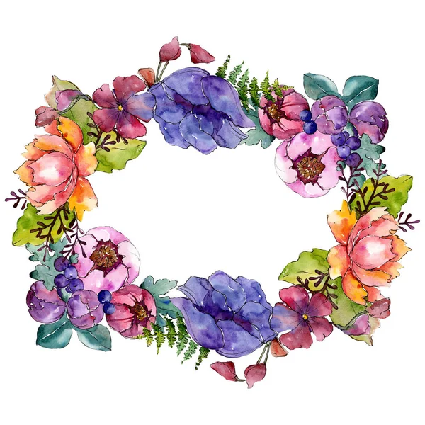 Fiori botanici floreali blu viola bouquet. Acquerello sfondo illustrazione set. Quadrato ornamento bordo cornice . — Foto Stock